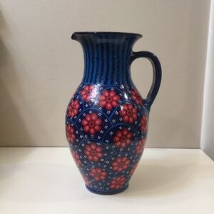 Vintage Folk Art Pottery Pitcher Vase 11.5 “ Tall Blue Pink Red Floral